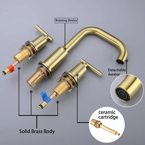 Brushed Gold 8 Inch Widespread Bathroom Faucet With Two Handles Three Hole Mount 360 Degree Swivel Spout