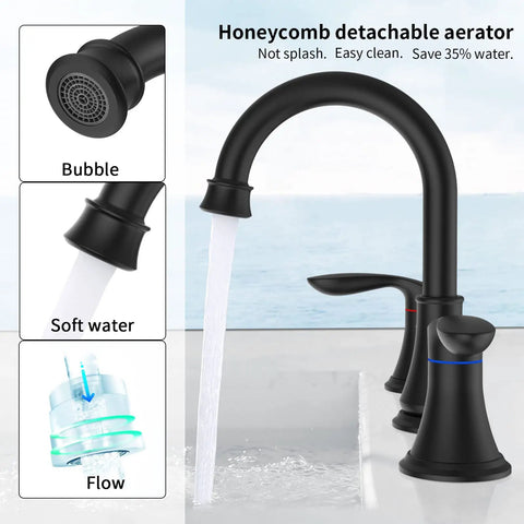 Two-Handle Eight Inch Widespread Bathroom Sink Faucet Matte Black Lavatory Faucet Three Hole 360 Degree Swivel Spout