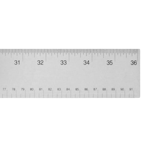 Close-up of Stainless Steel Ruler With Non Slip Cork Base 6 Inch For Pro-Grade DIY Crafting And Drafting Warp Free And Bend Resistant Measuring Tool With Easy Read 1/16 And Metric Markings For Clarity, showing etched markings.
