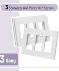 Screwless Decorator Wall Plates White 3 Pack 3 Gang Switch Cover Plate Electrical Outlet Cover Durable Easy To Clean Fade And Heat Resistant Round Edges For Safety And Wall Protection displayed with screws.