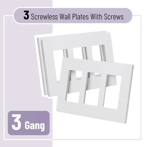 Screwless Decorator Wall Plates White 3 Pack 3 Gang Switch Cover Plate Electrical Outlet Cover Durable Easy To Clean Fade And Heat Resistant Round Edges For Safety And Wall Protection displayed with screws.