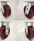 Pro Level Heavy Duty Cart Casters Featuring Genuine Kingpinless Design With Six By Two Inch V groove Ductile Steel Wheels from different angles.