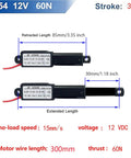 Two URANT mini 12V linear actuators, 60N, 30mm stroke, waterproof with bracket, front and side views
