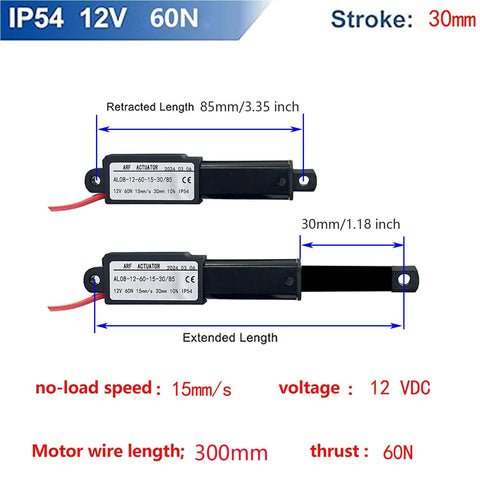 Two URANT mini 12V linear actuators, 60N, 30mm stroke, waterproof with bracket, front and side views