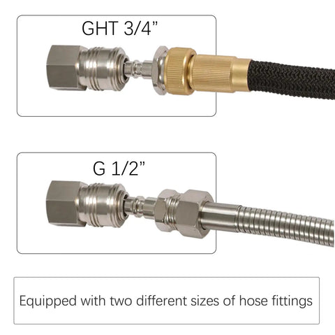 RV Exterior Quick Connect Hose Fitting With One Half Inch Shower Hose Adapter And Three Quarter Inch Garden Hose Adapter in brushed nickel finish