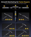 Ratcheting Screwdriver Set With 71 In 1 Magnetic Bits, S2 Steel, flexible shaft components and T-handle shown in assembly steps.