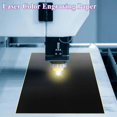 Front view of black laser engraving paper, 39×27 cm, with yellow edge under a laser engraving head