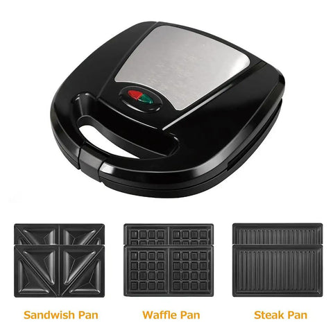 Hot 3 In 1 Electric Breakfast Maker With Non Stick Plates showing sandwich, waffle, and steak pans with LED indicators.