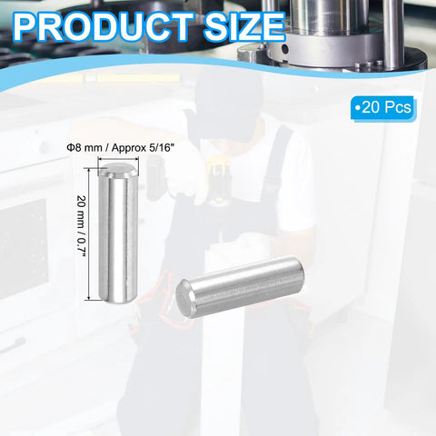 Heavy Duty Stainless Steel Dowel Pins Five Sixteenths Diameter By Twenty Millimeter Length shown from different angles with size measurements.