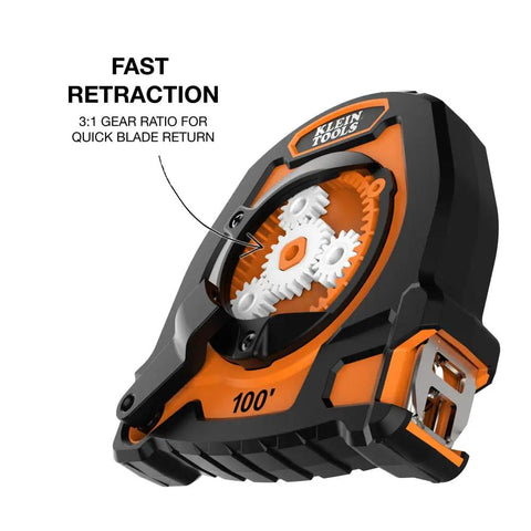 Closed Reel Tape Measure With 100 Foot Nylon Coated Blade Fast Three To One Gear Retracting Smooth Release Button And Safe Hook Storage