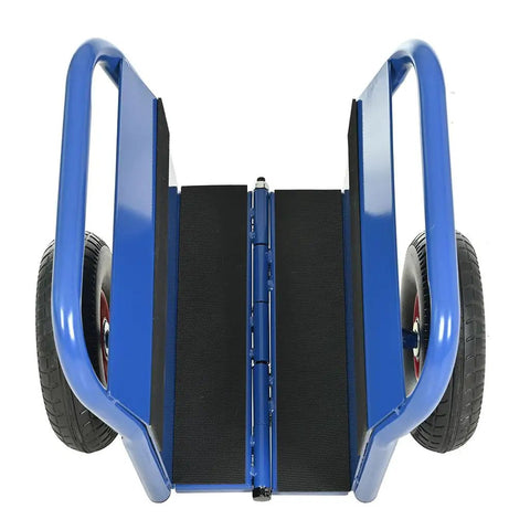 Top view of Heavy Duty Drywall Dolly With Rugged Steel Build And 10 Inch Solid Rubber Wheels To Haul Plywood Doors And Panels Jobsite Ready.