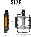 Flat MTB Bike Pedals Aluminum Replacement Set Non Slip Grippy For Mountain Bikes And BMX 9 16 Inch Size shown with measurements