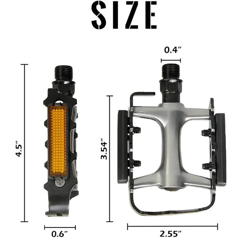 Flat MTB Bike Pedals Aluminum Replacement Set Non Slip Grippy For Mountain Bikes And BMX 9 16 Inch Size shown with measurements