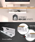 No Drill Cable Management Tray For Desks White Metal Wire Organizer With Huge Load Capacity shown under a desk