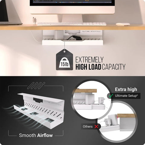 No Drill Cable Management Tray For Desks White Metal Wire Organizer With Huge Load Capacity shown under a desk