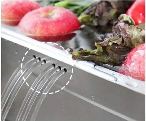 Stainless Steel Basin Tub Rack For Dishwashing And Cleaning, Large Size with water drainage feature, apples and lettuce inside