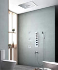 Modern Ceiling Concealed Led Shower Array With Three Broad Accent Bars And Five Plus One Spray Modes installation view in sleek bathroom.