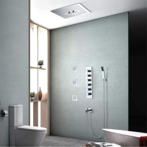 Modern Ceiling Concealed Led Shower Array With Three Broad Accent Bars And Five Plus One Spray Modes installation view in sleek bathroom.