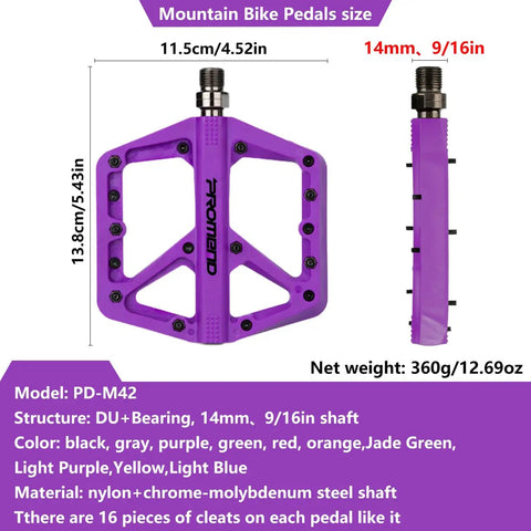 Durable Nylon Mountain Bike Pedals With DU Bearings Lightweight Platform Pedals For MTB And BMX Grippy Purple Color