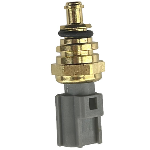Engine coolant temperature sensor with brass body, gray plastic connector, and black O-ring; close-up.