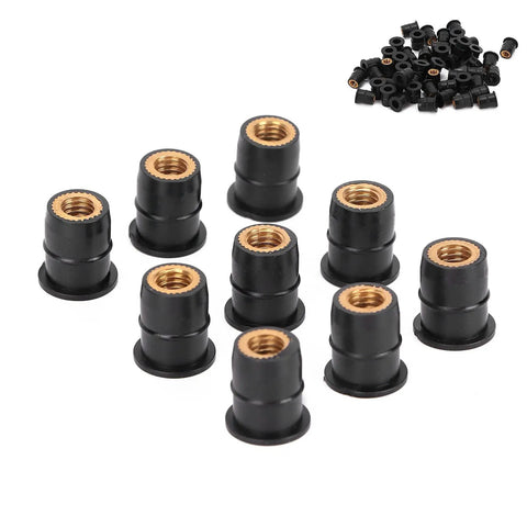 Rock Solid Rubber Well Nuts For Street Bikes And Atvs M6x0.8mm Thread in a kit of 10 black rubber fasteners with brass insert.
