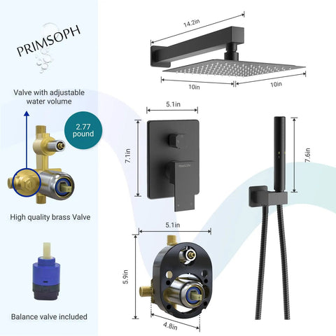 10 Inch Rainfall Shower System With Valve And Dual Function Handheld All In One Wall Mounted Matte Black Tub Faucet Set