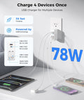 All In One Retractable 4 Port USB C Charger Block With Apple Cable connected to devices showing 78W output
