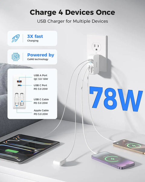 All In One Retractable 4 Port USB C Charger Block With Apple Cable connected to devices showing 78W output