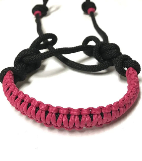 Fuchsia Bitless Bosal Attachment For Your Headstall Horse Tack, showing nylon paracord noseband and black rope design.