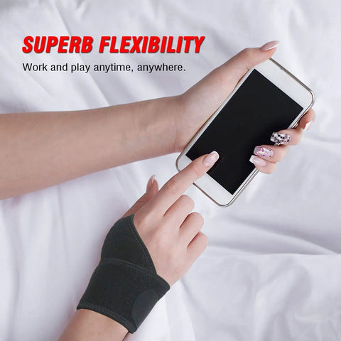 Person using phone while wearing All Day Ultra Comfy Carpal Tunnel Wrist Support That Fits Left Or Right Hand, Adjustable Compression Brace For Arthritis And Tendinitis Pain Relief, Breathable Soft Fabric, Easy On And Off.