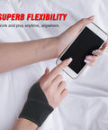 Person using smartphone wearing Ultra Soft Carpal Tunnel Wrist Brace With Adjustable Comfort Fit For All Day Pain Relief