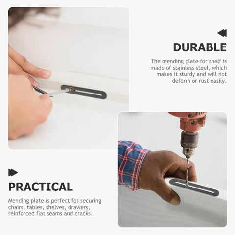 Installing adjustable stainless steel flat joining plates with slot holes, corner brackets for wood furniture repair