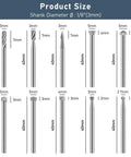 Front view: 20-piece HSS engraving router bit set with 1/8 in shanks, showing diameters on a size chart