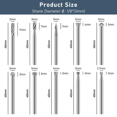 Front view: 20-piece HSS engraving router bit set with 1/8 in shanks, showing diameters on a size chart