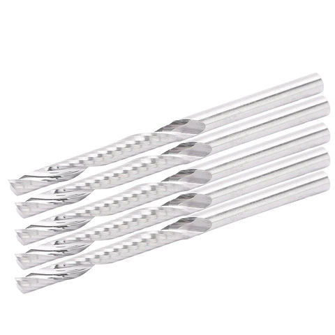 5pcs straight shank end mills, angled view; single-flute cutters; tungsten steel, silver, for carving 3.175x3.175x25x50mm
