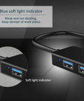 Four Port USB 3.0 Hub Splitter For Laptop, Xbox, And PC Accessories, Plug And Play USB Expansion Not For Charging, side view with blue light indicator
