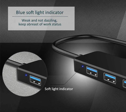 Four Port USB 3.0 Hub Splitter For Laptop, Xbox, And PC Accessories, Plug And Play USB Expansion Not For Charging, side view with blue light indicator
