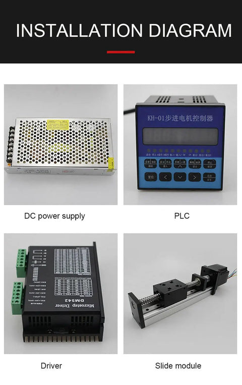 Installation diagram showing components of Rock-Solid High-Precision Linear Guide Slide Table With Ball Screw Motion Rail 300mm Stroke.