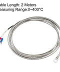 K Type Thermocouple Temperature Sensor Probe With 2M Cable, 6mm Hole, 32-752F/0-400C Range, Fiberglass Insulation, Metal Shield