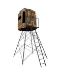 Beefy 10 Foot Powder Coated Steel Hunting Tower With 360 Soft Sided Blind featuring camouflage exterior and ladder.