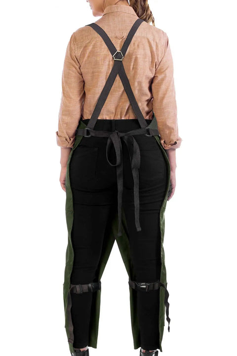 Back view of Moss Green Pottery Apron With Full Front Coverage From Chest To Ankle 53 Inch Length Cross Back Pro Grade Adjustable Straps