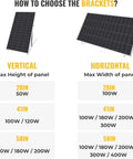 Comparison chart for choosing brackets by panel orientation, showing vertical and horizontal options for 41 Inch Solar Panel Tilt Mount Brackets One Step Install Foldable Tilt Legs U Shaped Design Adjustable Roof RV Off Grid Kit Supports 100W 200W 300W Panels For Easy Setup