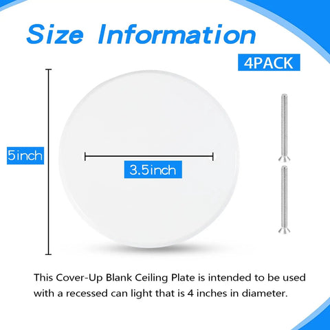4 Pack 5 Inch Metal Ceiling Cover Plates Round White Flat Blank Wall Plate With Screws 3.5 Inch Hole Spacing Fits 4 Inch Electrical Boxes