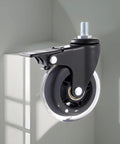 Close-up of a 3 inch PU caster wheel with locking brake, part of the Set Of Five 3 Inch PU Caster Wheels With Locking Brakes For Heavy Duty Furniture And Work Carts Roll Smoother Than Silk And Built Tough For Everyday Shop Grind And No Fuss M6 M8 M10 Mount Swaps.