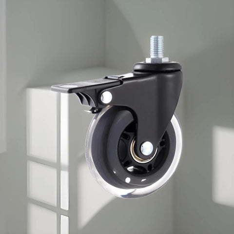 Close-up of a 3 inch PU caster wheel with locking brake, part of the Set Of Five 3 Inch PU Caster Wheels With Locking Brakes For Heavy Duty Furniture And Work Carts Roll Smoother Than Silk And Built Tough For Everyday Shop Grind And No Fuss M6 M8 M10 Mount Swaps.