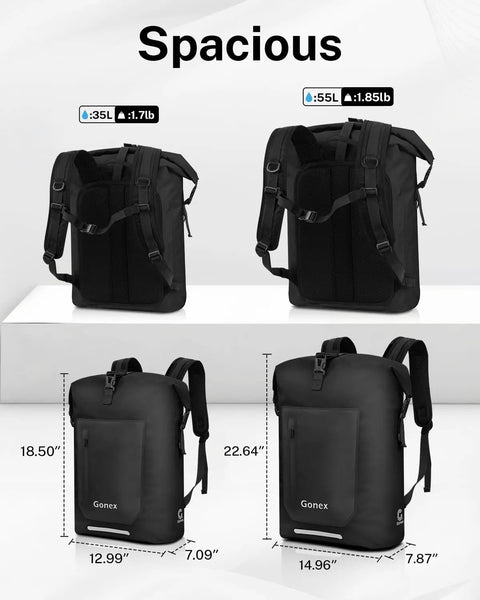 Comparison of black Ultralight Waterproof TPU Backpack 35L and 55L roll top dry bags with padded back panels for outdoor adventures.