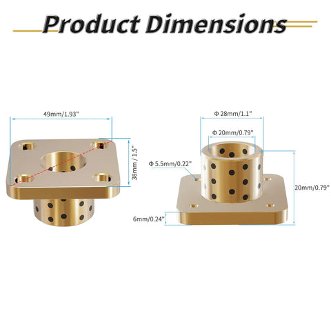 Set Of 2 Brass Square Flanged Sleeve Bearings 20 By 28 By 20 Millimeter With 49 Millimeter Flange 6 Millimeter Thick Hole Five Point Five Millimeter Fits 20 Millimeter Shafts High Precision Durable Heavy Duty Machine Bearing For Equipment, dimension view
