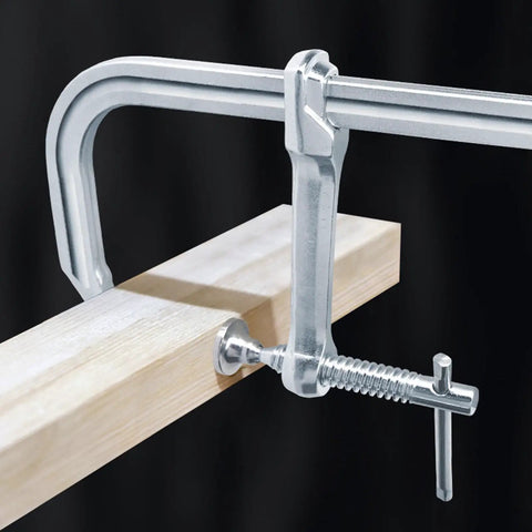 Heavy Duty Large Steel Ratcheting F Clamp For Welding Woodworking Metal Fabrication secure round pipes on wooden beam.