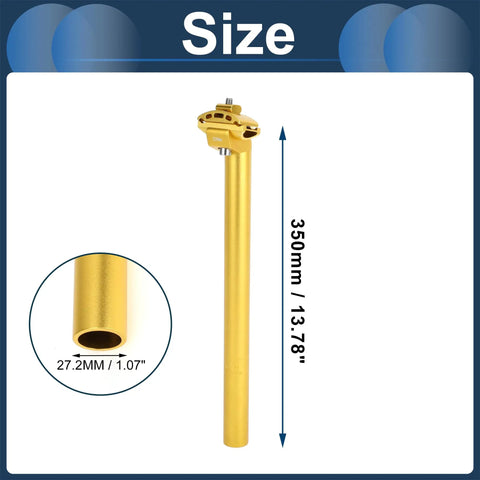Universal 27.2x350mm Bike Seat Post In Gold Tone Aluminum Alloy, Extra Long With Adjustable Angle and Smooth Clamp