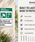 Eye Wash First Aid Sign Aluminum 12x8 Inches For Worksite Safety Notice With Green And White Design, Bold Black Text, Pre Drilled Corner Holes For Quick Mounting displayed on wall with installation features.